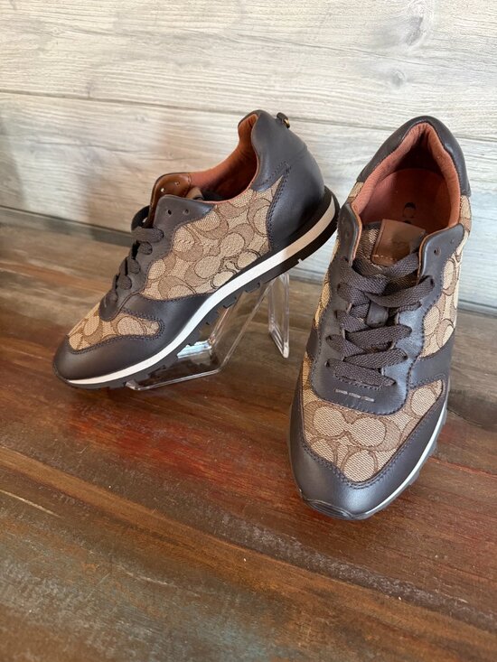 Coach Farrah Signature Sneakers Brown Jacquard Leather Women's Sz. 7 Lace-Up - Picture 2 of 6